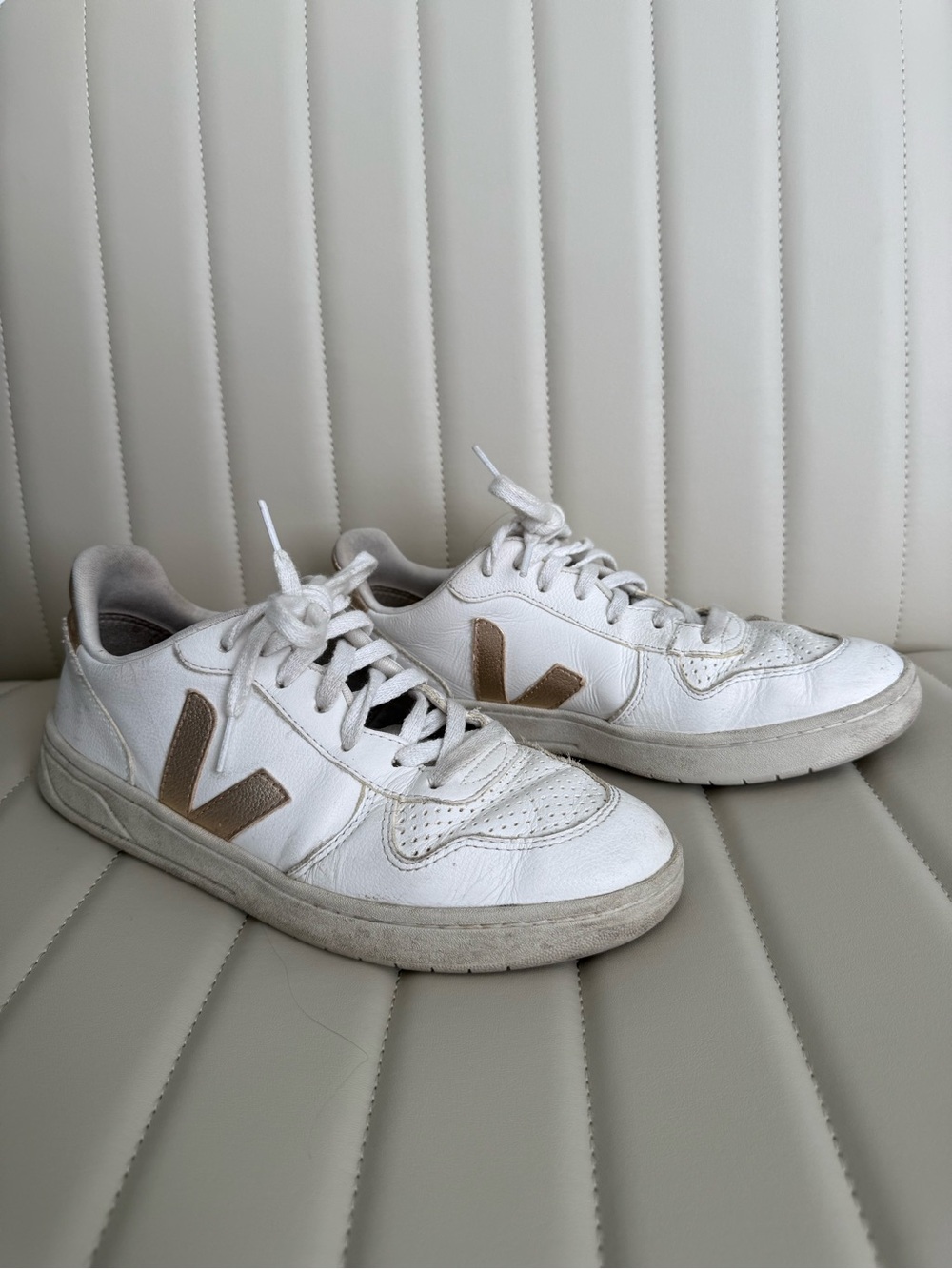 White Leather Women’s Veja Sneakers with Gold Accent - Casual Lace-Up